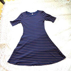 Old Navy Rib Knit Fit & Flare Dress Navy/Orange  Medium EUC